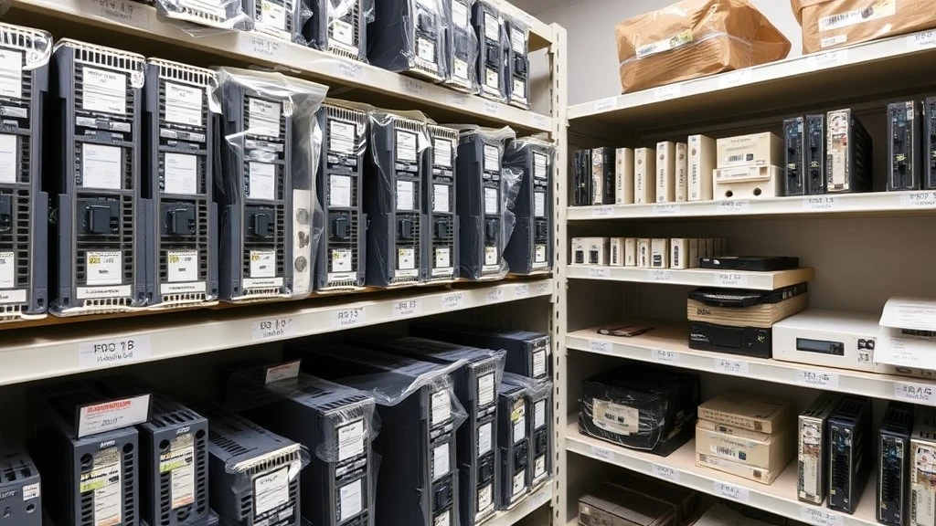Spare PLC modules stored in labeled anti-static bags on shelves in a climate-controlled parts room Spare PLC modules stored in labeled anti-static bags on shelves in a climate-controlled parts room