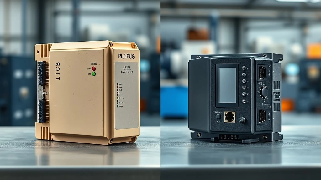 A bulky beige legacy PLC module sits beside a slim modern PLC module with a touchscreen on a workbench illustrating the size and design difference A bulky beige legacy PLC module sits beside a slim modern PLC module with a touchscreen on a workbench illustrating the size and design difference