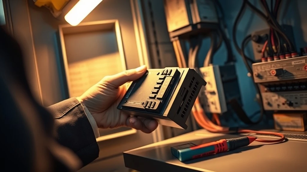 A technicians hands hold an old PLC module removed from an open control cabinet with an empty slot and disconnected wiring visible A technicians hands hold an old PLC module removed from an open control cabinet with an empty slot and disconnected wiring visible